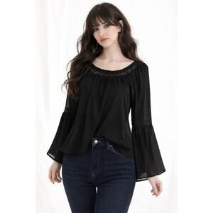 Monteau Sheer Blouse Lace Detail Open Back Sz M New Whimsigoth Grunge Y2K Boho